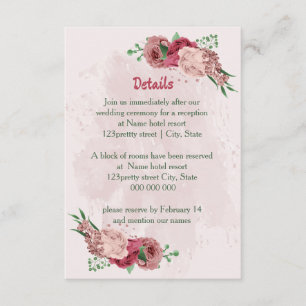 pink flowers green leaves wedding details enclosure card