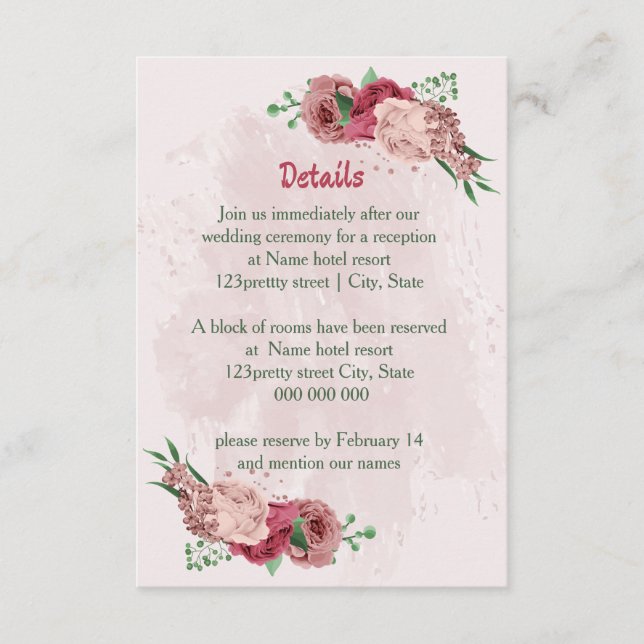 pink flowers green leaves wedding details enclosure card (Front)