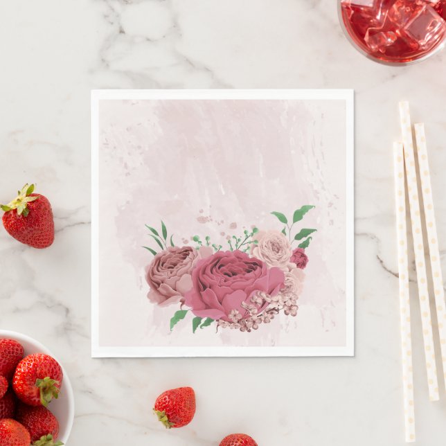 pink flowers green leaves wedding napkin (Insitu)