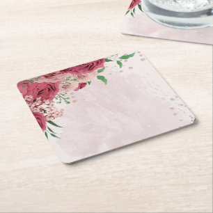 pink flowers green leaves wedding square paper coaster