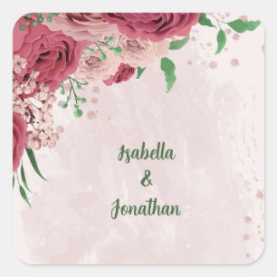 pink flowers green leaves wedding square sticker