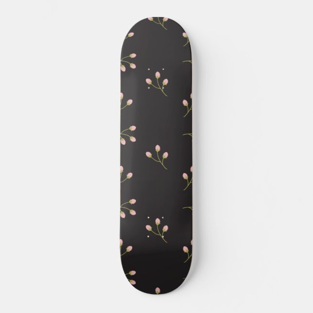 Pink Flowers Green Stem Black Floral Spring Skateboard (Front)
