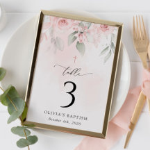 Pink Flowers, Greenery, Baptism Table Numbers
