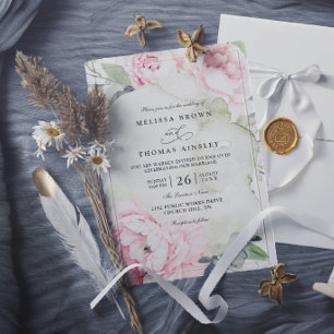 Pink Flowers Greenery Elegant Modern Chic Wedding Invitation
