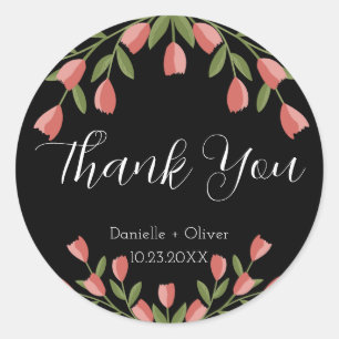 Pink Flowers Greenery Thank You Black Classic Round Sticker