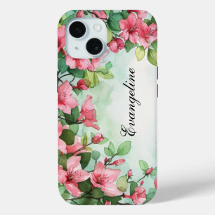 Pink Flowers Greenery Wedding iPhone 15 Case