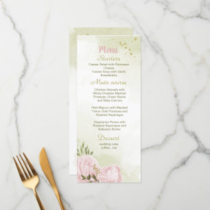 pink flowers greenery wedding menu