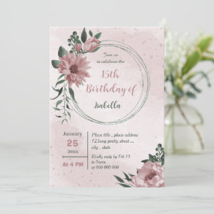  pink flowers greenery wreath birthday invitation