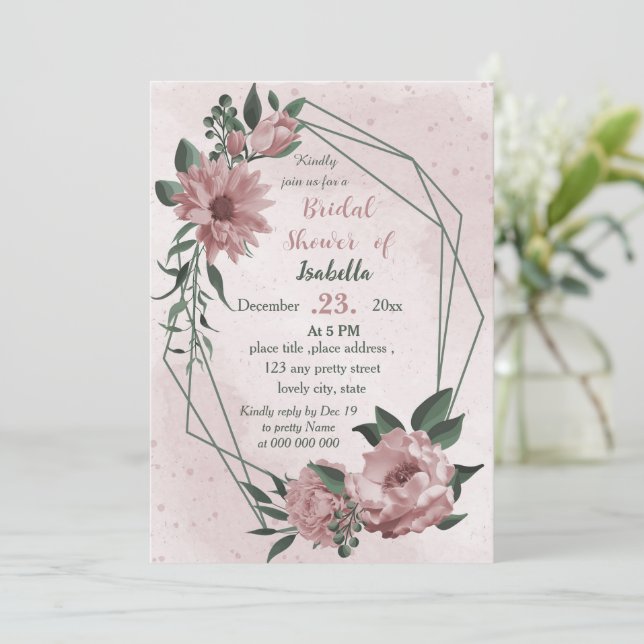  pink flowers greenery wreath bridal shower invitation (Standing Front)