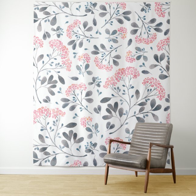 Pink Flowers Grey Leafs Pattern Girly Design Tapestry (In Situ)