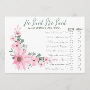 Pink Flowers He Said She Said Bridal Shower Game Advice Card