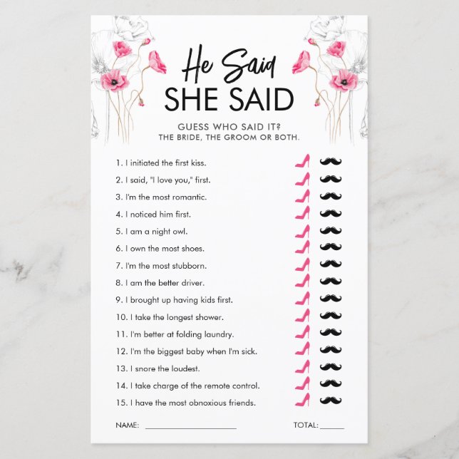 Pink Flowers He Said She Said Game | Customisable (Front)