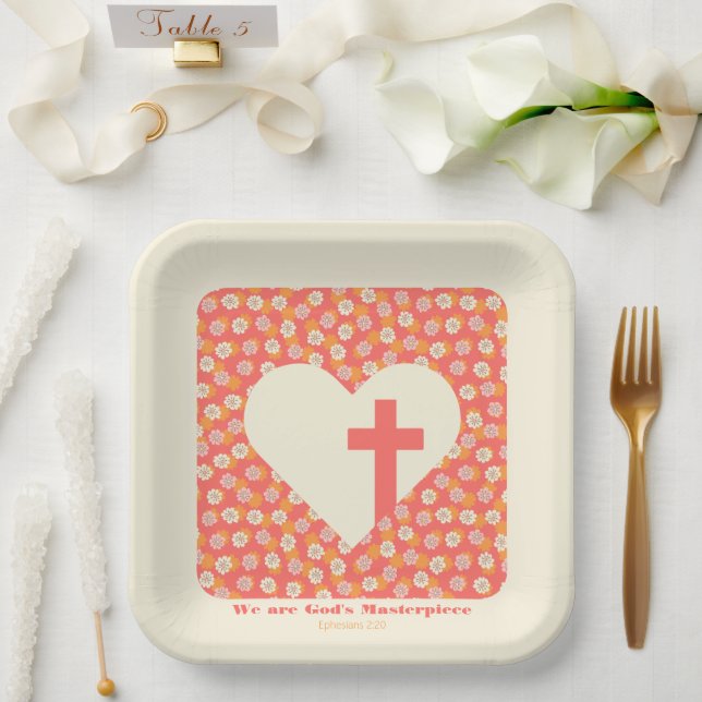 Pink Flowers Heart & Christian Cross Women's Paper Plate (Wedding)