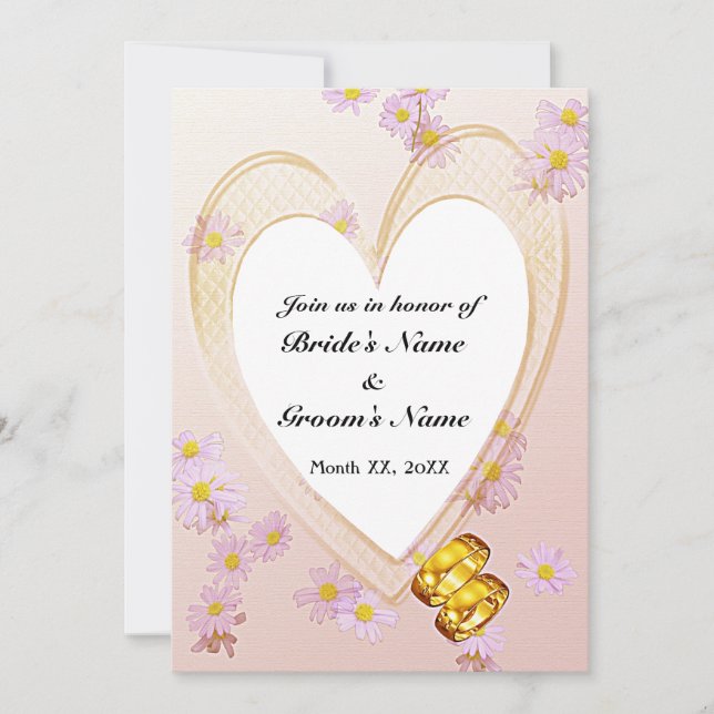 Pink Flowers, Heart Frame, Rings Rehearsal Dinner Invitation (Front)