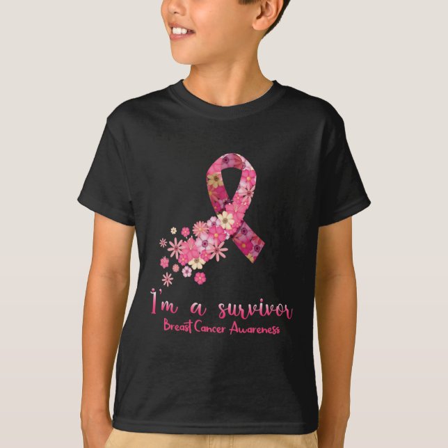 Pink Flowers Heart I'm A Survivor Breast Cancer Aw T-Shirt (Front)