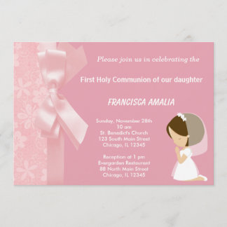 Pink Flowers Holy Communion Invitation