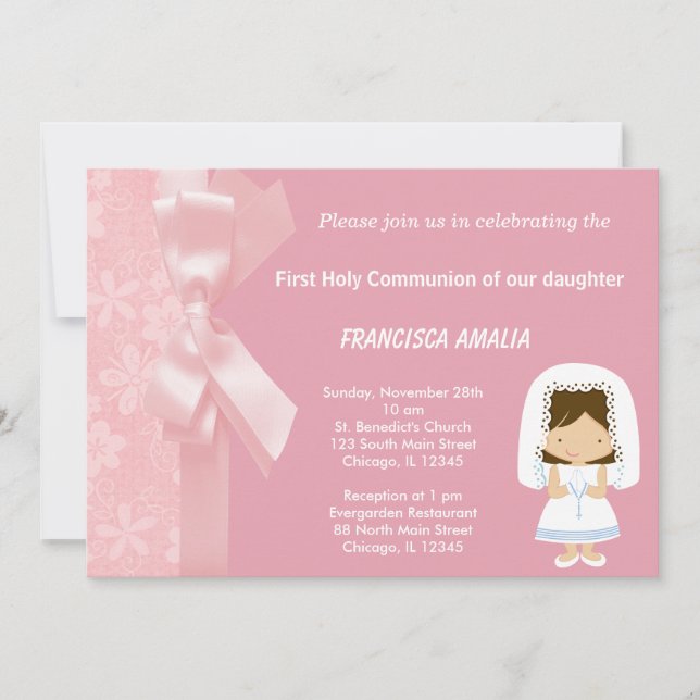 Pink Flowers Holy Communion Invitation (Front)