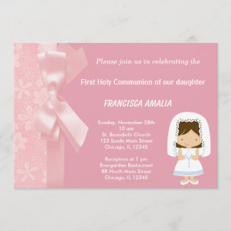 Pink Flowers Holy Communion Invitation