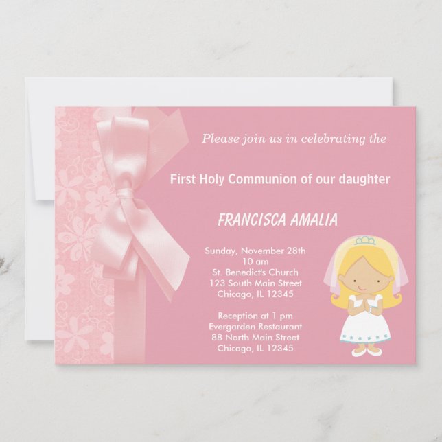 Pink Flowers Holy Communion Invitation (Front)