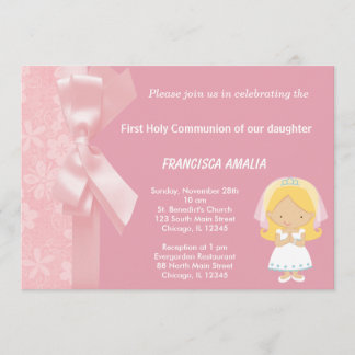 Pink Flowers Holy Communion Invitation