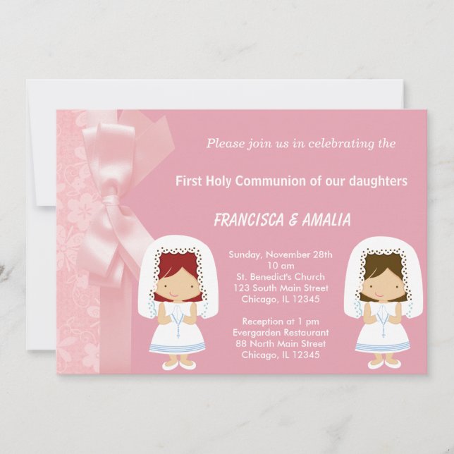 Pink Flowers Holy Communion Twins Invitation (Front)