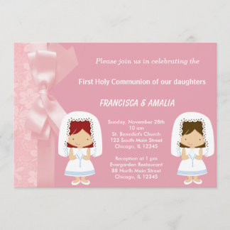 Pink Flowers Holy Communion Twins Invitation