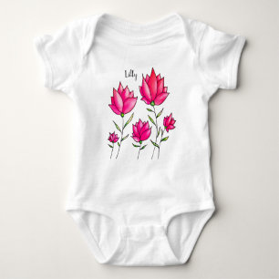 Pink Flowers Ink Watercolor Artsy Name Baby Bodysuit