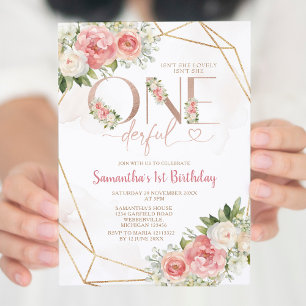 Pink Flowers Isn't She Onederful 1st Birthday Gold Invitation
