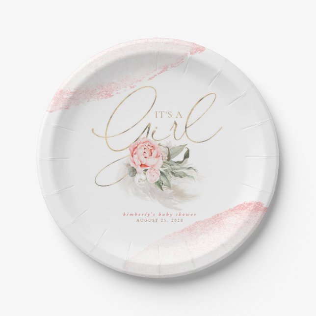 Pink Flowers It's a Girl Cute Baby Shower Paper Plate (Front)