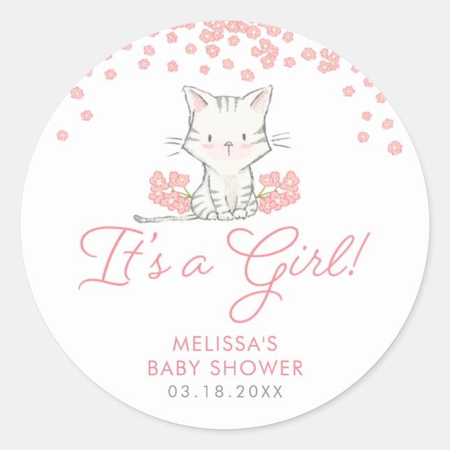 Pink Flowers Kitten Girl Baby Shower Classic Round Sticker (Front)