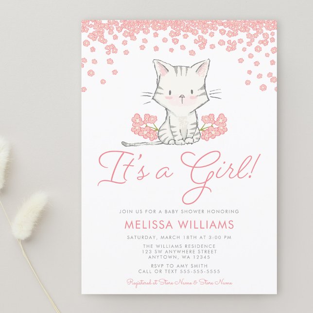 Pink Flowers Kitten Girl Baby Shower Invitation (Creator Uploaded)