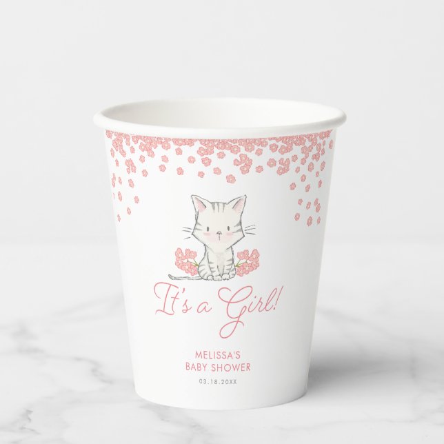 Pink Flowers Kitten Girl Baby Shower Paper Cups (Front)