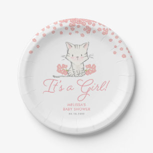 Pink Flowers Kitten Girl Baby Shower Paper Plate