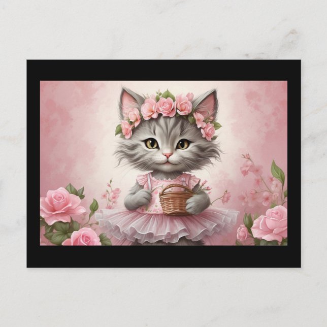 Pink Flowers Kitten in Dress Postcard (Front)