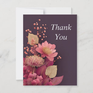 Pink Flowers & Leaves Dark Purple Thank You Card