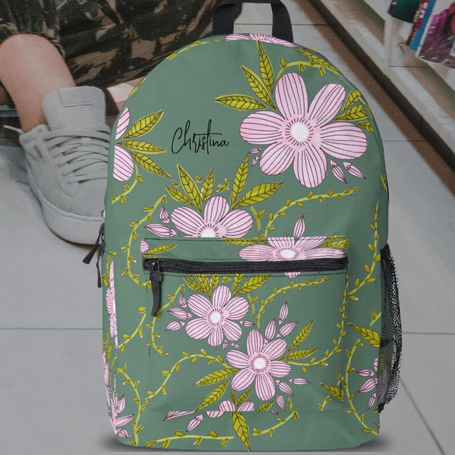 Pink Flowers Light Green Leaves Stems and Name Printed Backpack (Creator Uploaded)