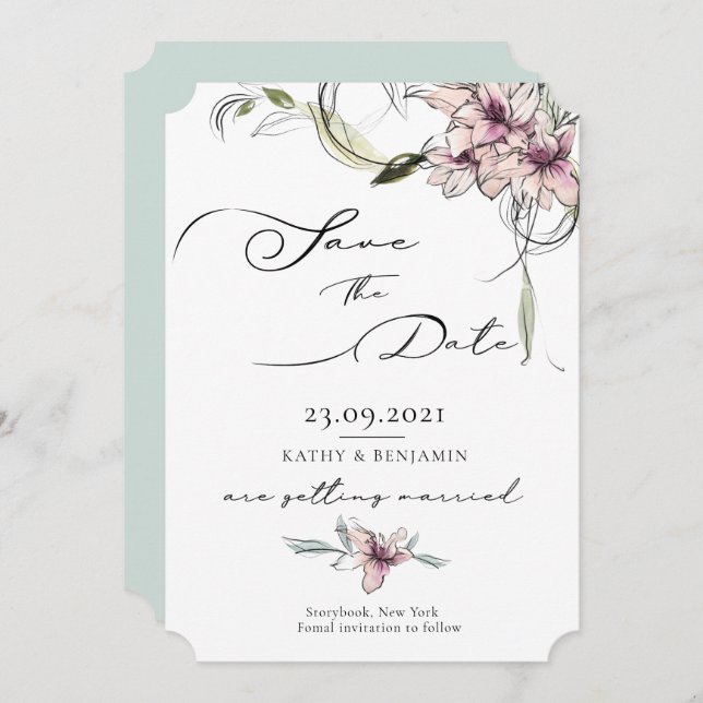 Pink Flowers Lilies Wedding Save The Date Card (Front/Back)