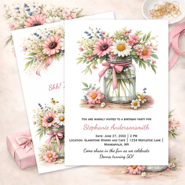Pink Flowers Mason Jar Birthday Party | Invitation (Creator Uploaded)