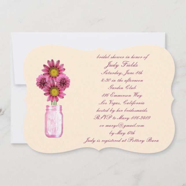 Pink Flowers Mason Jar Bridal Shower Invitation (Front)