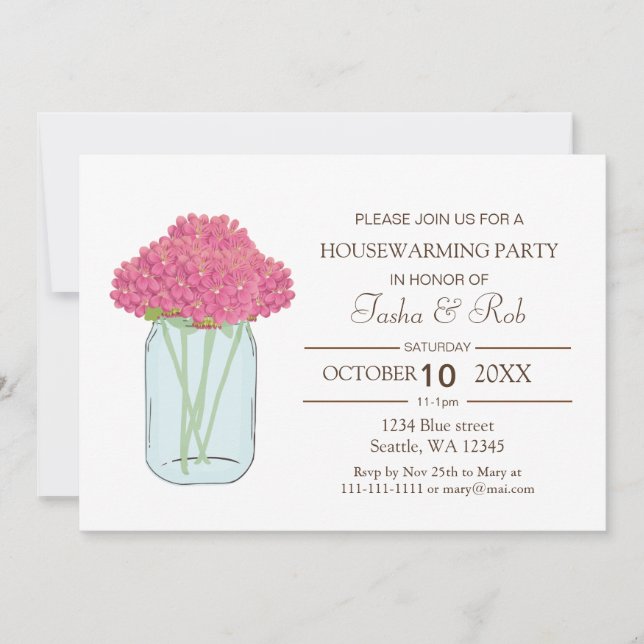 Pink Flowers mason jar Housewarming Invitation (Front)