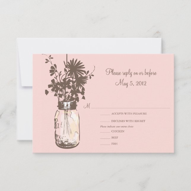 Pink Flowers & Mason Jar Wedding RSVP Card (Front)