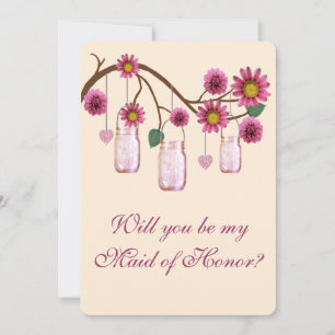 Pink Flowers Mason Jars Maid Of Honour Card