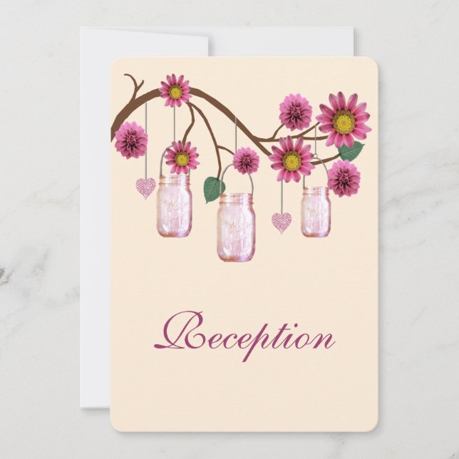 Pink Flowers Mason Jars Reception Card (Front)