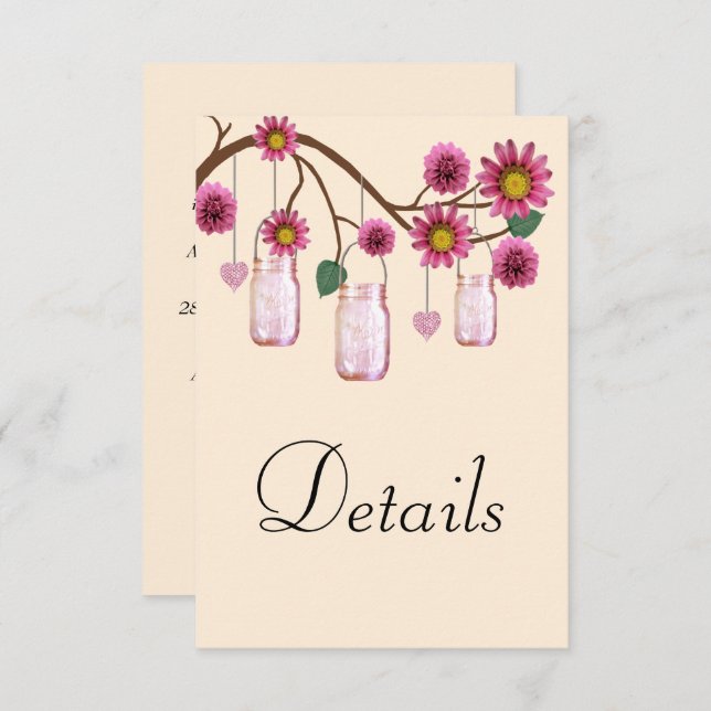 Pink Flowers Mason Jars Wedding Details Enclosure Card (Front/Back)