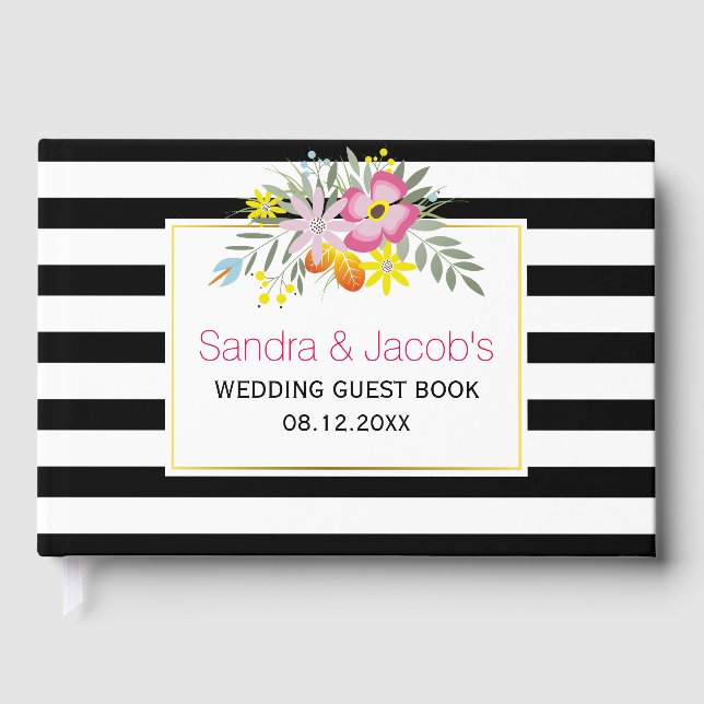 Pink flowers, modern stripes floral wedding guest book (Front)