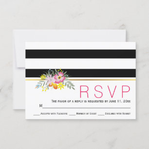 Pink flowers modern stripes floral wedding RSVP Card