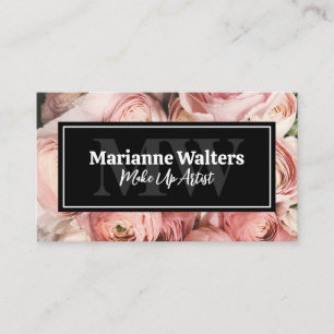 Pink Flowers   Monogram Business Card