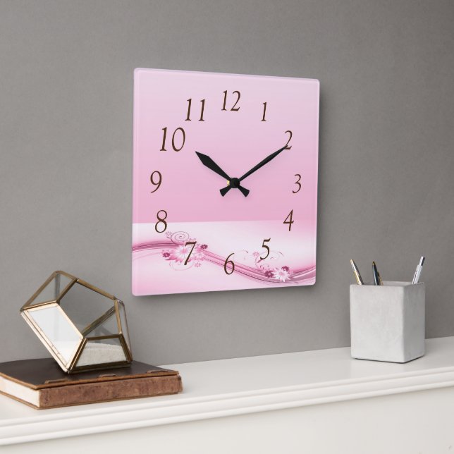 Pink Flowers n Waves Square Wall Clock (Office)