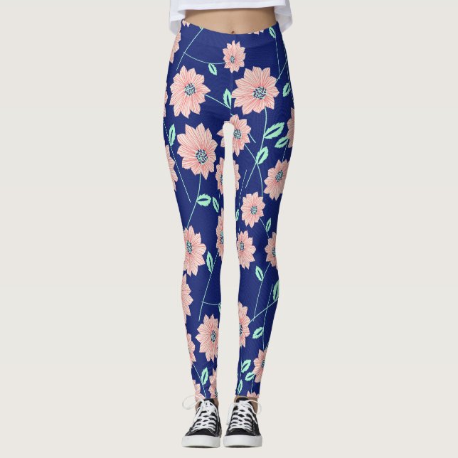 Pink Flowers Navy Blue Leggings (Front)