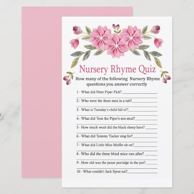Pink flowers Nursery Rhyme Quiz baby shower game (Front/Back)